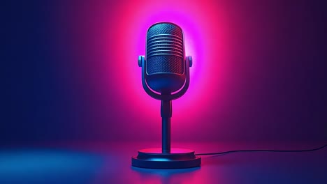 a blue microphone on a stand with a blue light shining through it