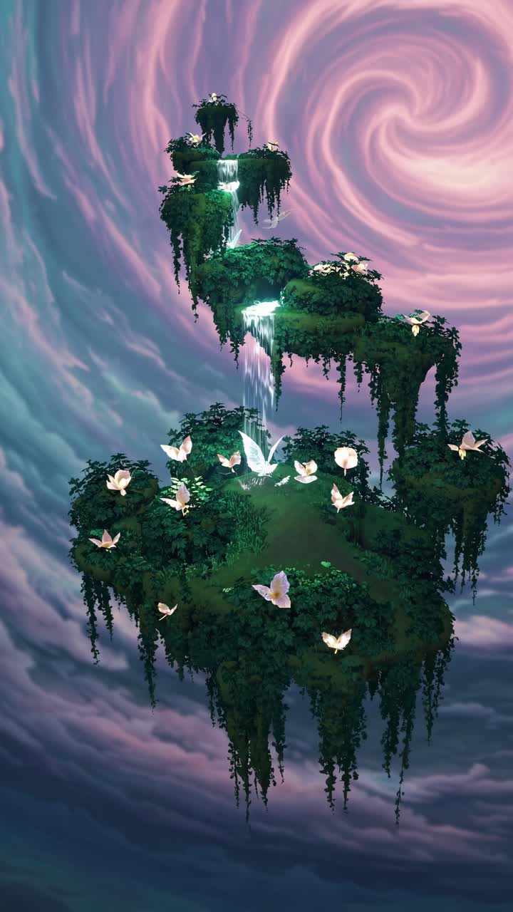 Surreal video concept of floating islands with cascading waterfalls and butterflies