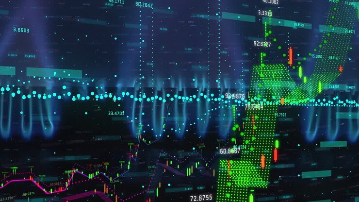 Animation of changing financial data and graphs over gas flames