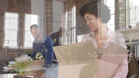 Portrait-of-happy-diverse-colleagues-discussing-work-in-office-in-slow-motion