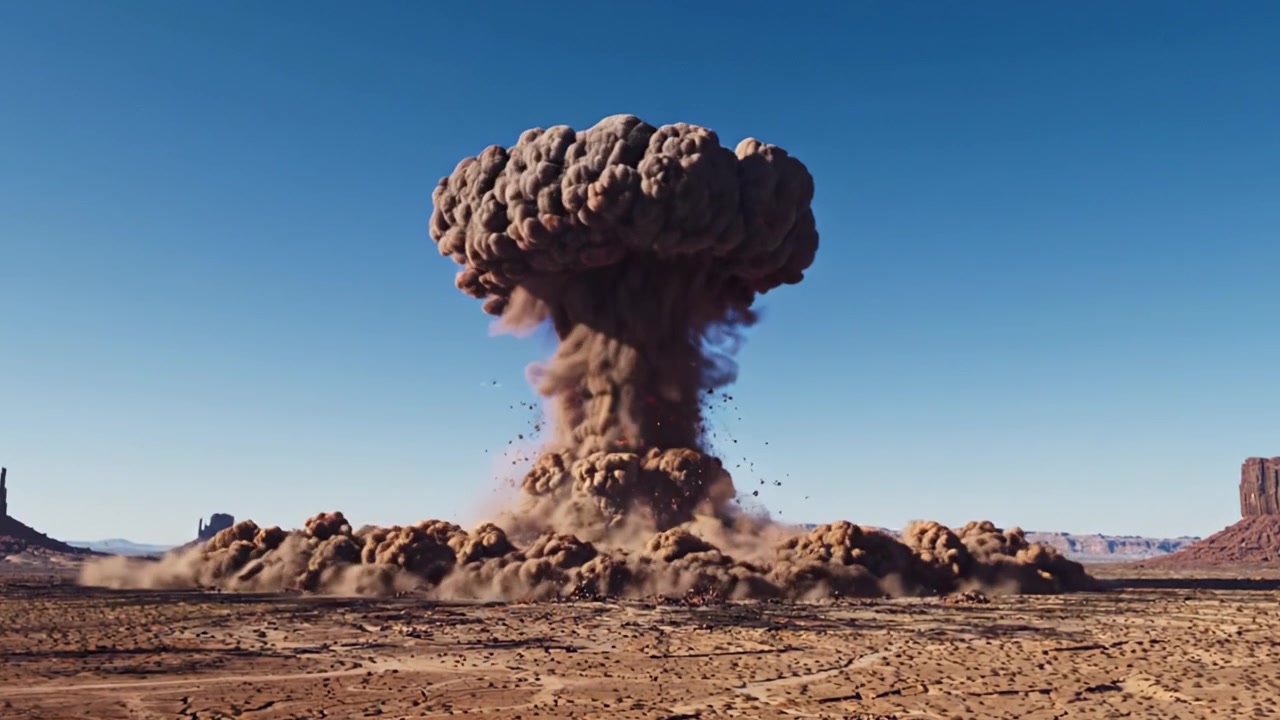 Eine dramatische Explosion in einer Wüstenlandschaft, festgehalten in zwei Bildern, die die Verwandlung von einem hellen Blitz zu einer aufsteigenden Wolke aus Rauch und Trümmern zeigt.