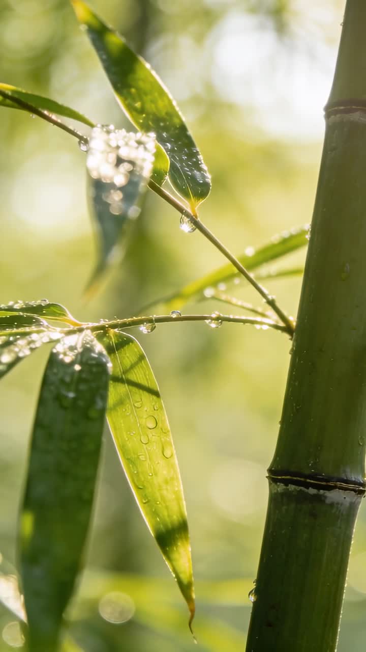 Video verticale: Il sole riscalda il bambù in un boschetto, facendo crescere una goccia che si stacca e cade con effetto bokeh.