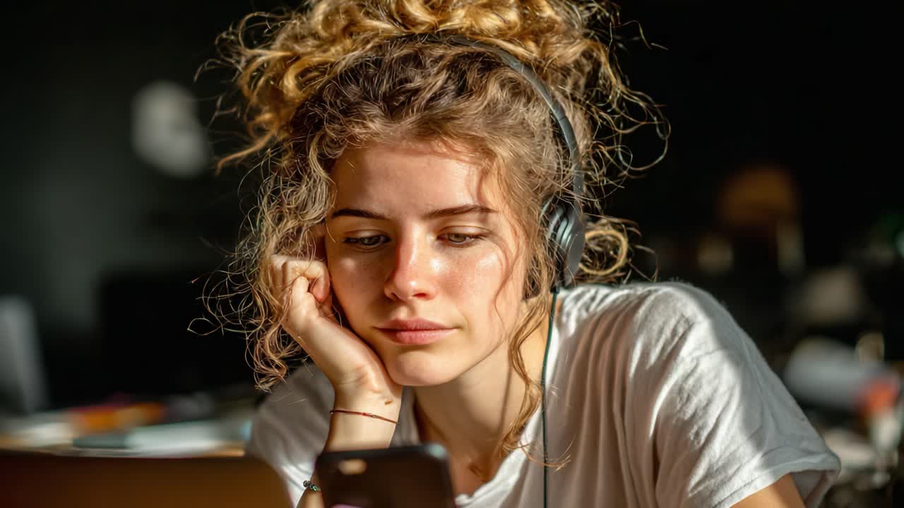 A Young Woman in Headphones Engrossed in Her Phone, Capturing a Moment of Concentration and Engagement with Digital Media in a Cozy Environment