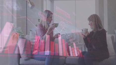 animación del procesamiento de datos sobre mujeres caucásicas bebiendo café y hablando