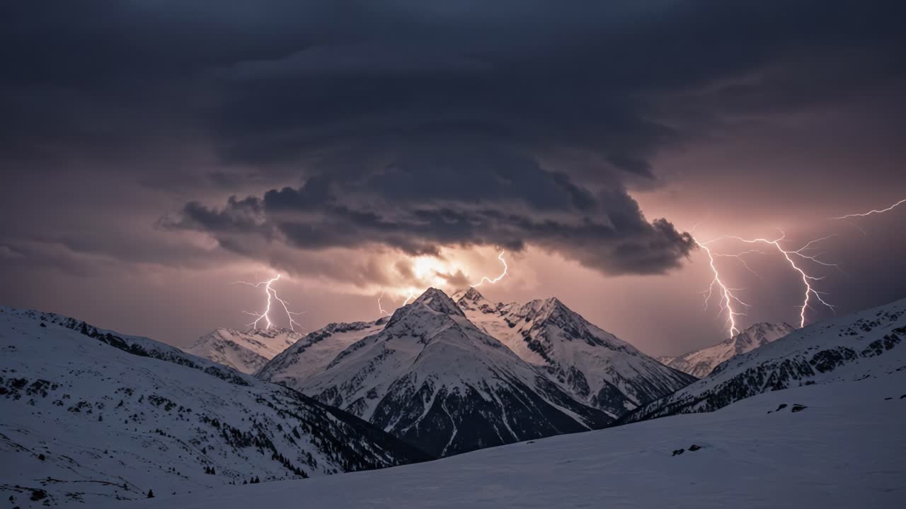 Dramatic Stormy Landscapes with Lightning over Snow-Covered Mountains
