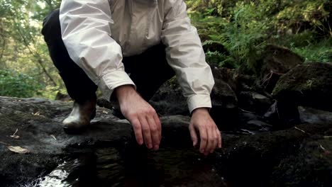 man examining a small stream in the forest