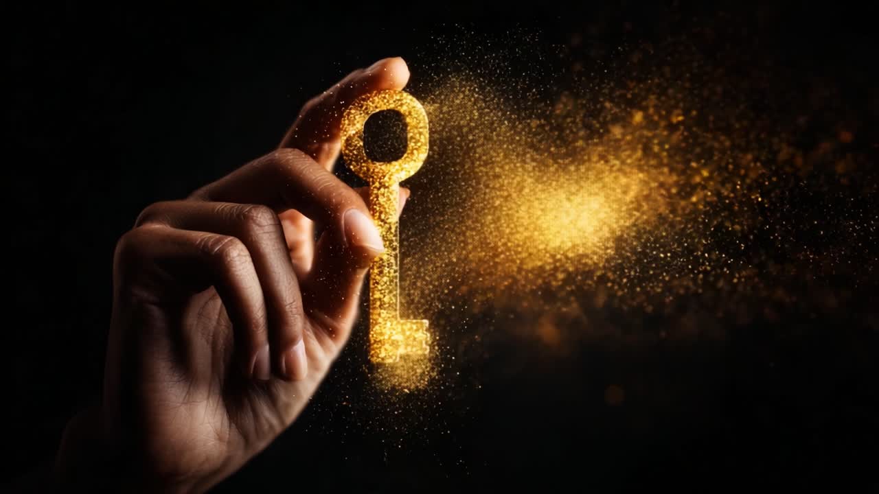Un'affascinante chiave dorata tenuta in mano, scintillante di particelle luminose, simboleggia lo sblocco del potenziale e dei segreti, catturando l'essenza del mistero e della scoperta