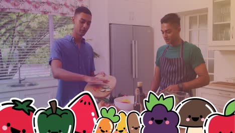 animación de verduras sobre hombres biraciales que se acurrucan juntos