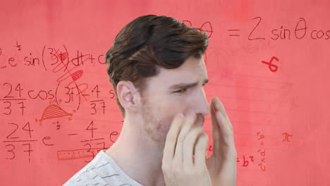 animation of stressed caucasian male student over maths equations and geometry on pink paper