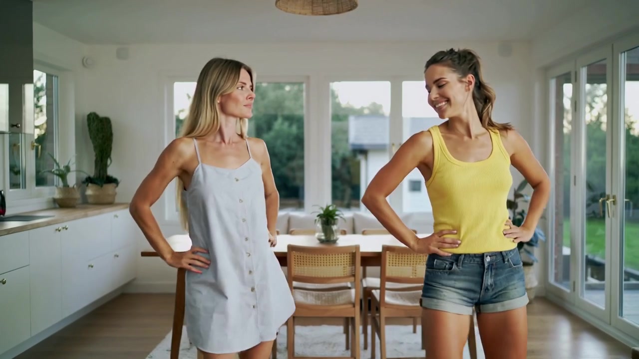 Et par i sommerkjole og tanktop løfter armene og øver dans i køkkenet ved et træbord.