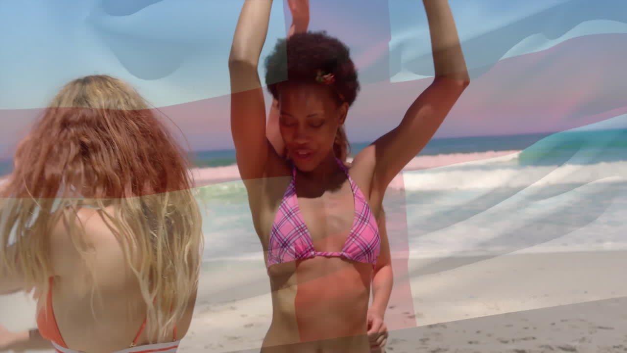 Dancing joyfully on beach with ocean waves, women creating lively animation