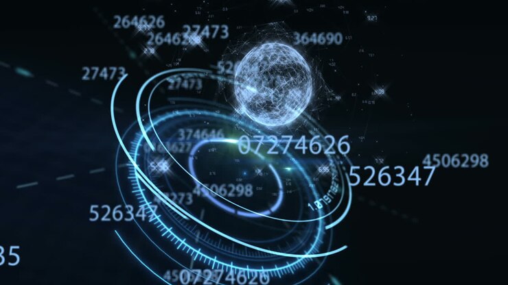 Multiple numbers changing against scope over globe on black background