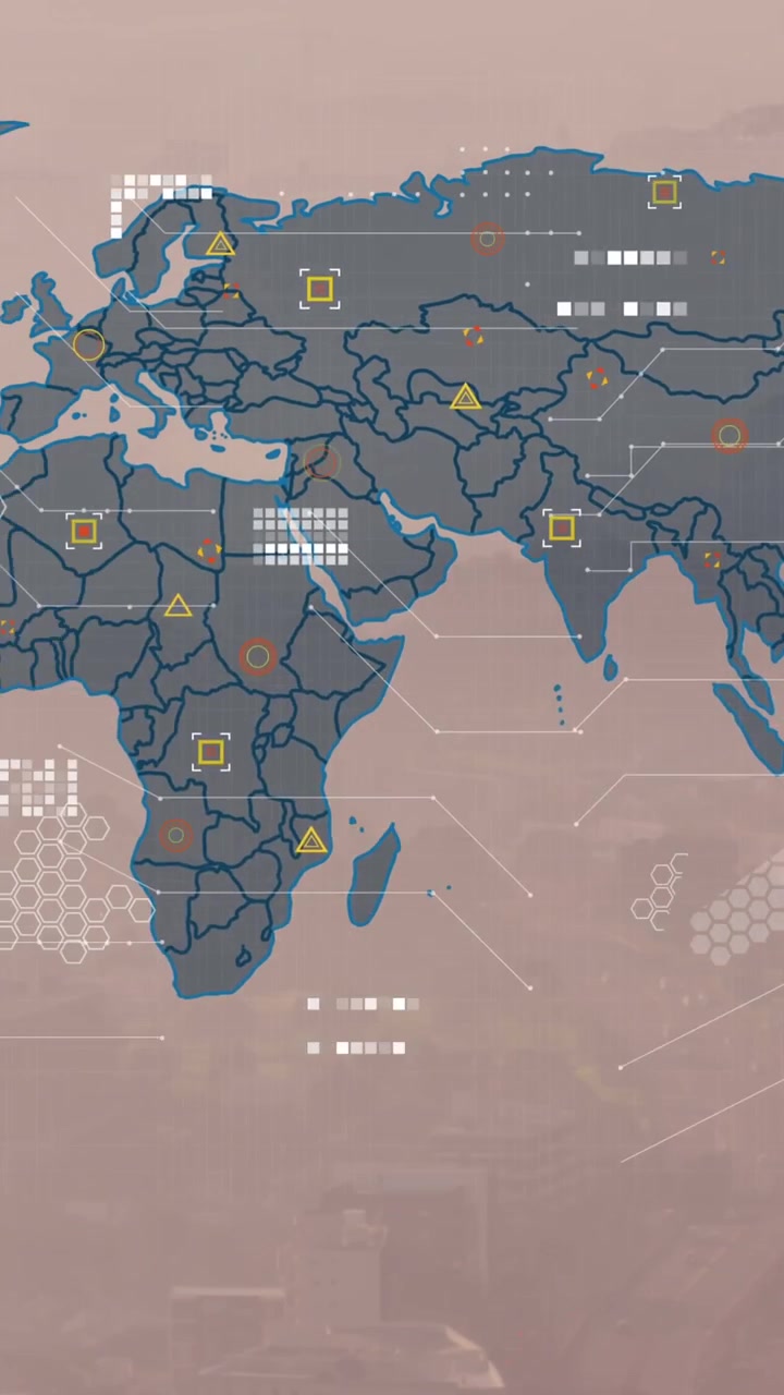 Animation of world map and data processing against aerial view of cityscape