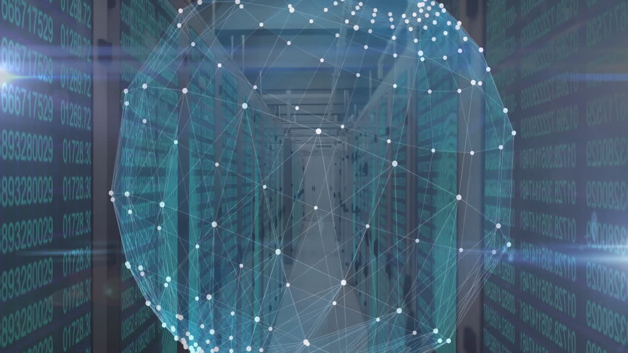 Network of connections and data processing animation over server room background