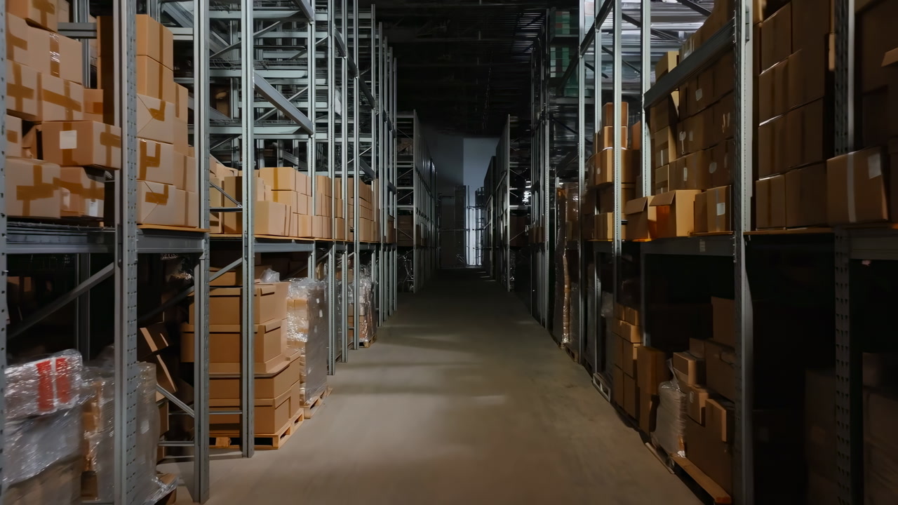 Dim Warehouse Aisle Stocked With Boxes, Tall Steel Racks And Pallets Under Low Amber Lighting, Long Narrow