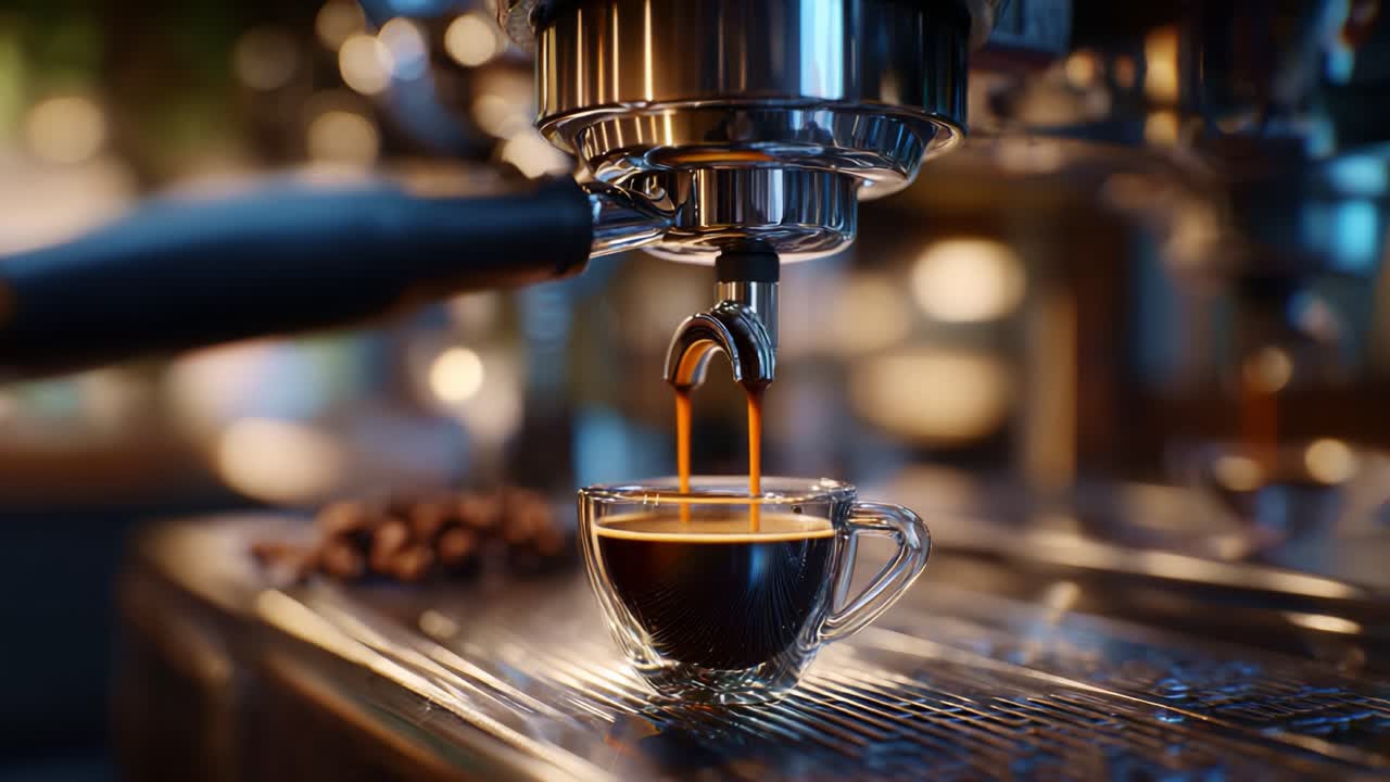 Processo accattivante di estrazione dell'espresso: aroma ricco e crema perfetta in una tazza di vetro, che mostra l'abilità del barista con i chicchi di caffè e i dettagli della macchina