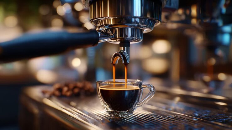 Processo accattivante di estrazione dell'espresso: aroma ricco e crema perfetta in una tazza di vetro, che mostra l'abilità del barista con i chicchi di caffè e i dettagli della macchina