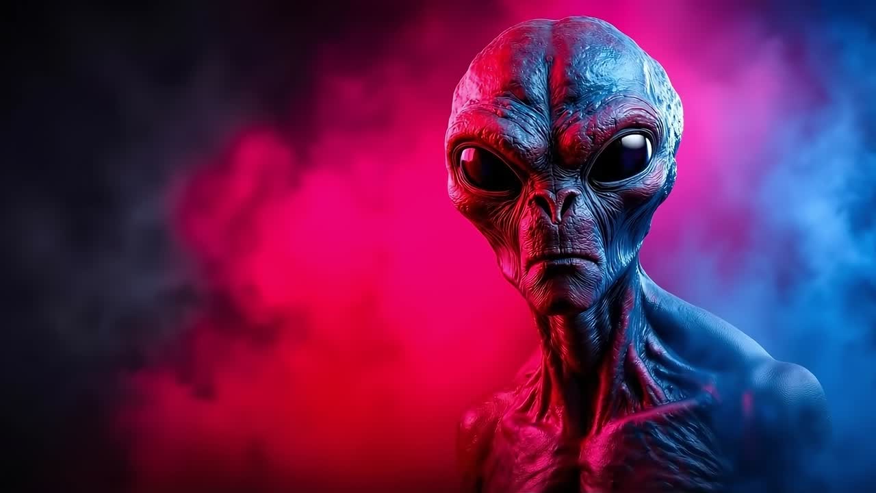 An alien with a red and blue background