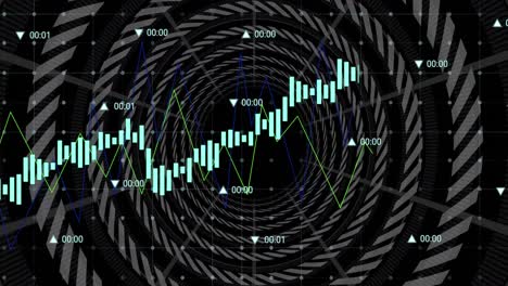 Animation-of-data-processing-over-over-grid-network-against-concentric-circles-on-black-background