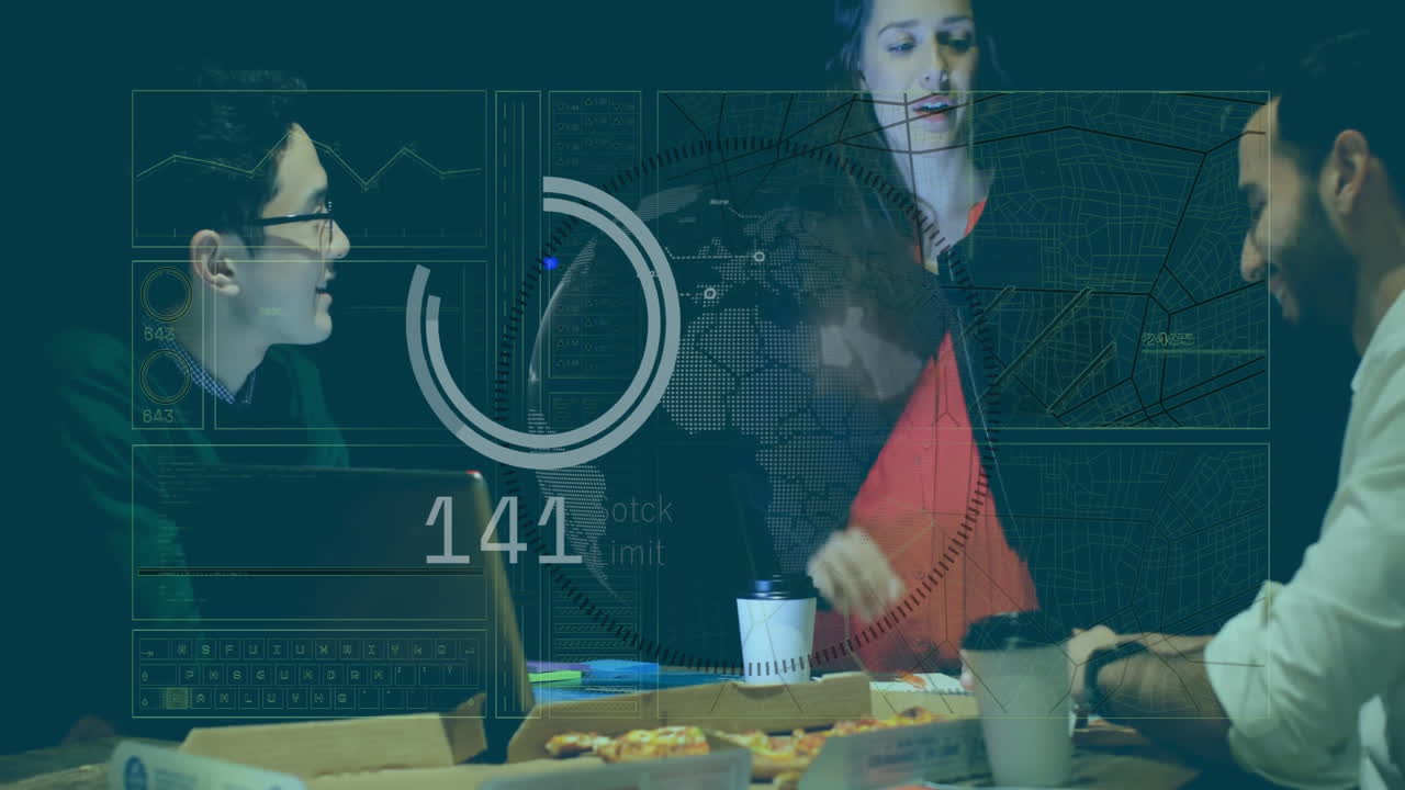 Collaborating in office, business team analyzing data with animation overlay
