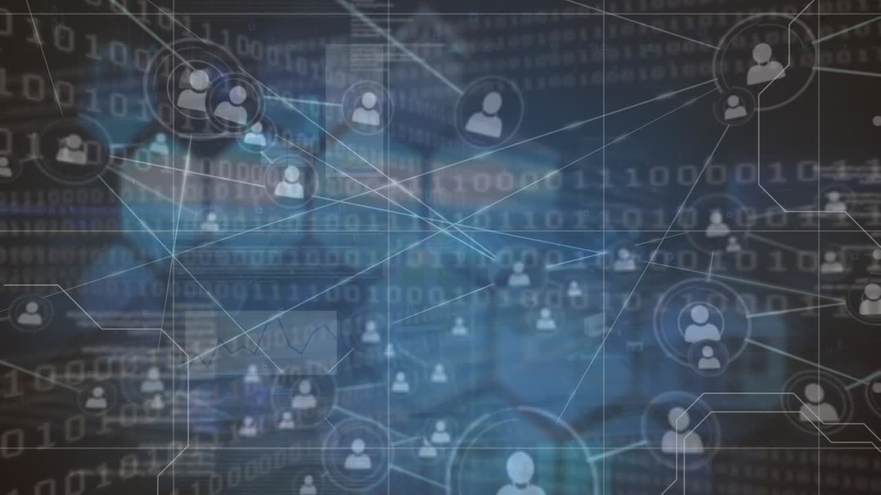 Animation of network of connections and binary code over navy background