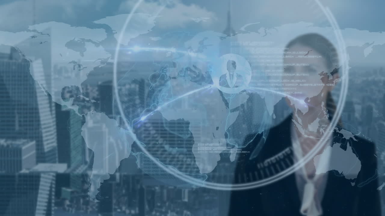 카우카스 여성 사업가와 도시 풍경에 대한 지구와 연결 네트워크의 애니메이션