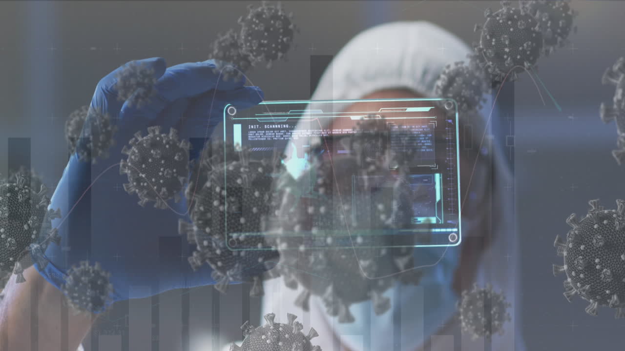 Animation of virus cells over male doctor with digital screen
