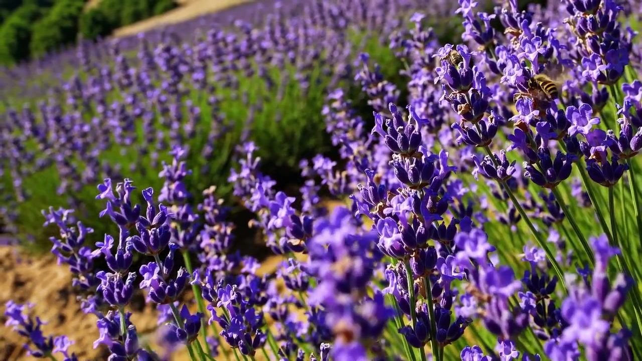 Vivace campo di lavanda in fiore con api e una casa di campagna