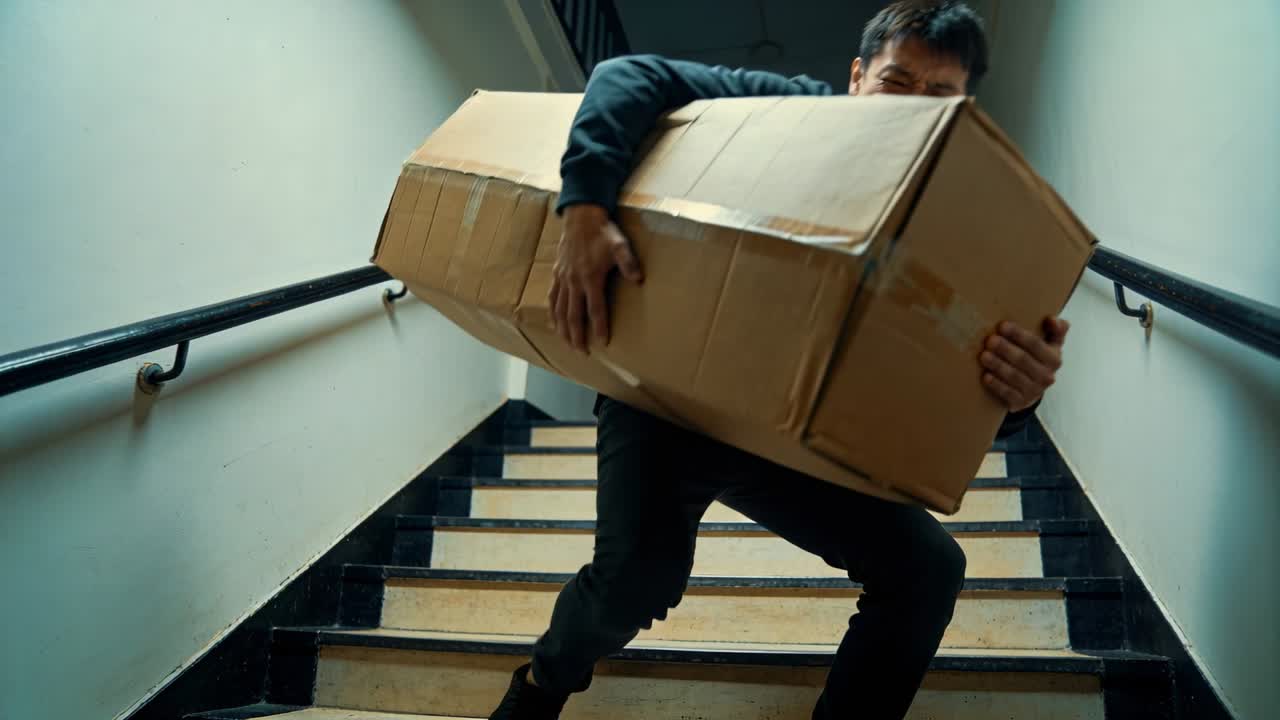 After lifting box at landing, Asian man in dark jacket carrying box down stairs, bracing handrail