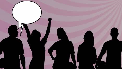 Animation-of-supporters-silhouettes-with-speech-bubbles-over-shapes-on-pink-background