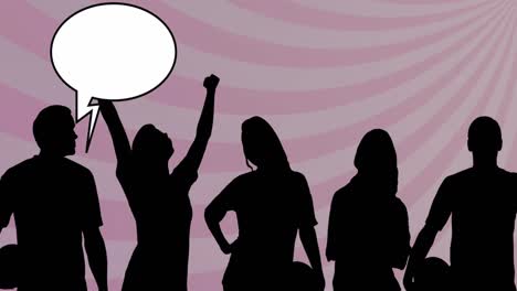 animation of supporters silhouettes with speech bubbles over shapes on pink background