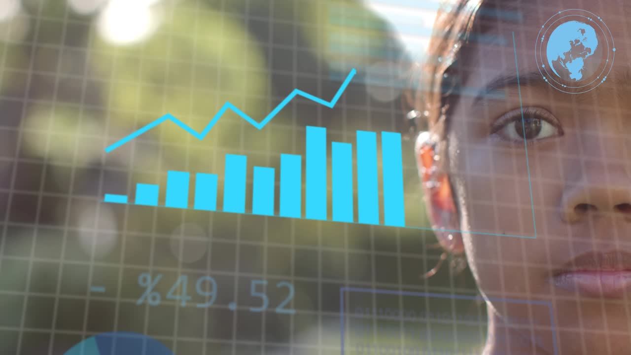 Girl facing camera as COLLECTING DATA panel appearing, charts rising, arrow at cheek, for learning