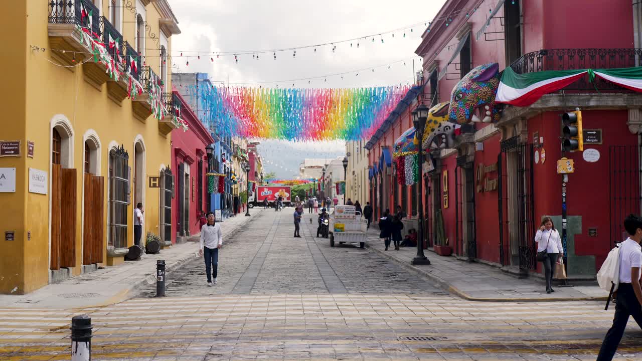 Colorful Street Scene in a Mexican City During a Festive Celebration
