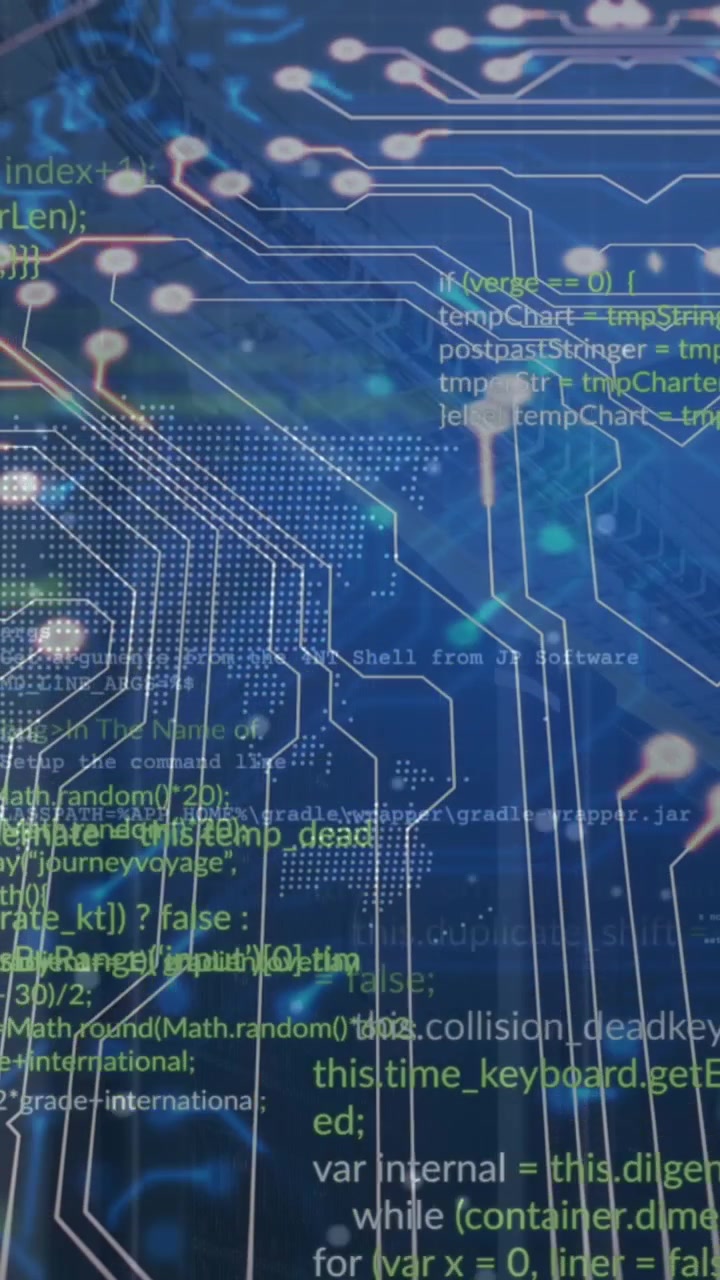 Animation of dots forming circuit board pattern over programming language against blue background