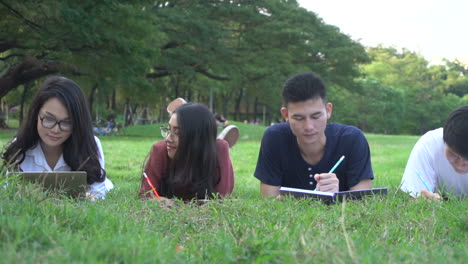 student group working in university park.