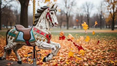 A Whimsical Carousel Horse Amidst Falling Autumn Leaves: Capturing the Essence of Seasonal Change and Nostalgic Moments in a Park Setting