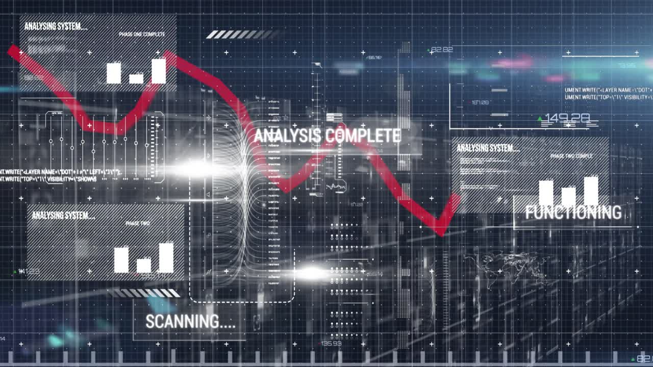 Animation of red graph over hud interface and lens flare against abstract background