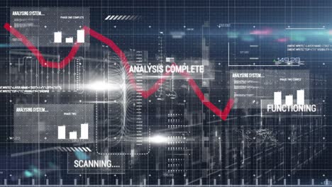 Animation-of-red-graph-over-hud-interface-and-lens-flare-against-abstract-background