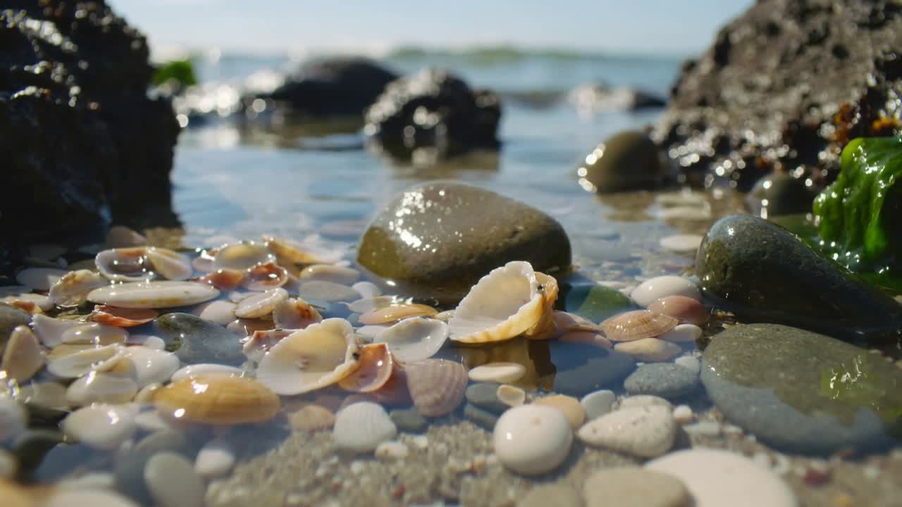 Pushing camera revealing centered cluster of shell halves in tide pool, showing open shell glints