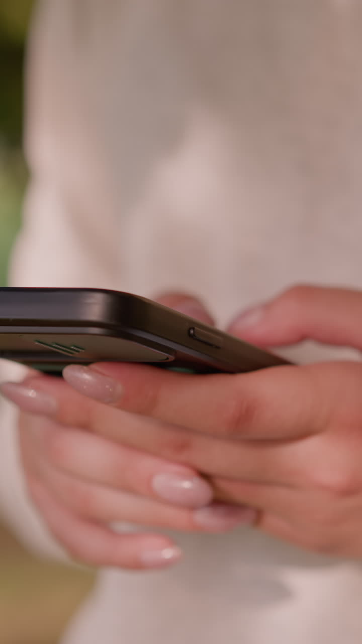 Close-up of individual's hand typing on smartphone with polished nails against softly blurred natural greenery background and unclear figures in the surrounding