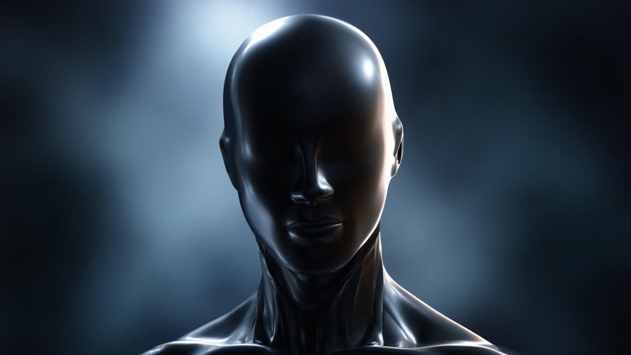 Una elegante silueta de maniquí negro contra un fondo oscuro y atmosférico, mostrando una mezcla única de arte y tecnología de una manera visualmente cautivadora