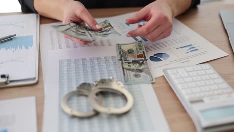 Money, Handcuffs, and Financial Documents on a Table