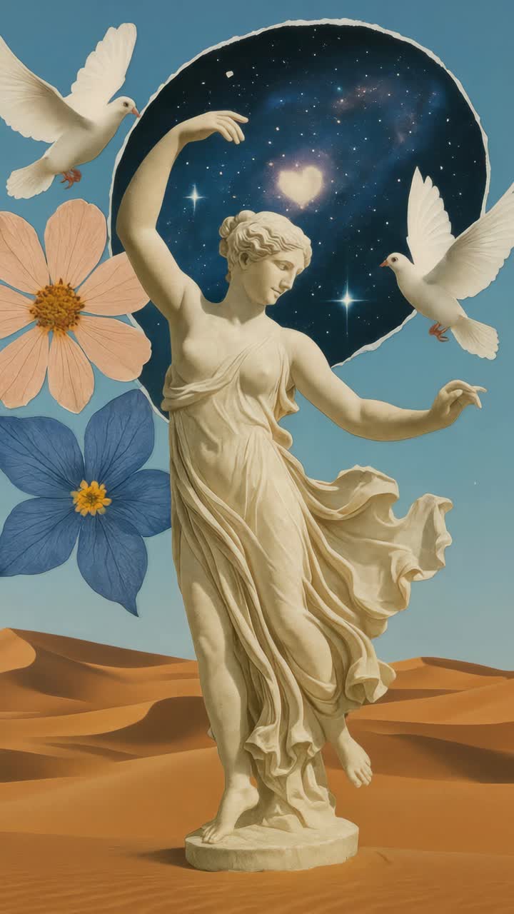 Concetto video surreale: una statua in un deserto con fiori e colombe, sullo sfondo di uno scenario cosmico