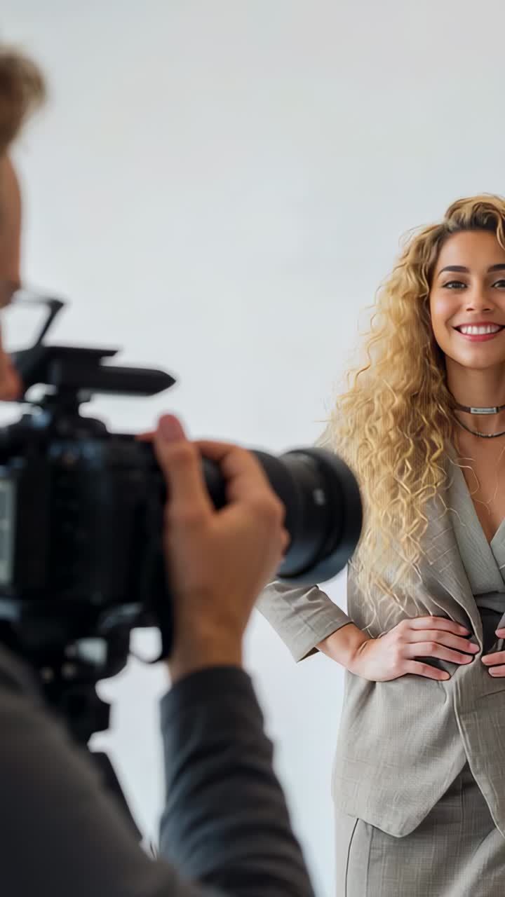 Video verticale: fotografo che inquadra una DSLR in uno studio modello che assume una posa in blazer e collane per uno shooting