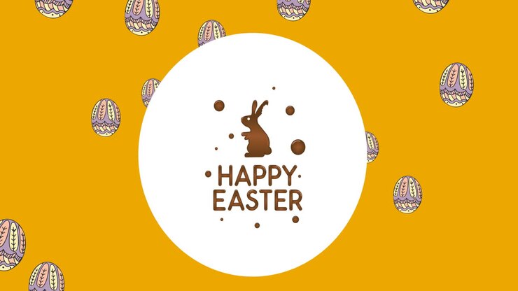 Animazione di Buona Pasqua e coniglietto in cerchio su uova di Pasqua su sfondo giallo