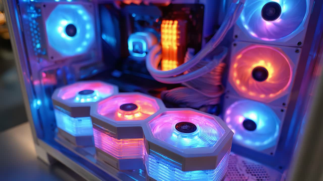Illuminated Computer Hardware Showcase Featuring RGB Fans and Advanced Cooling Solutions Inside a Transparent PC Case