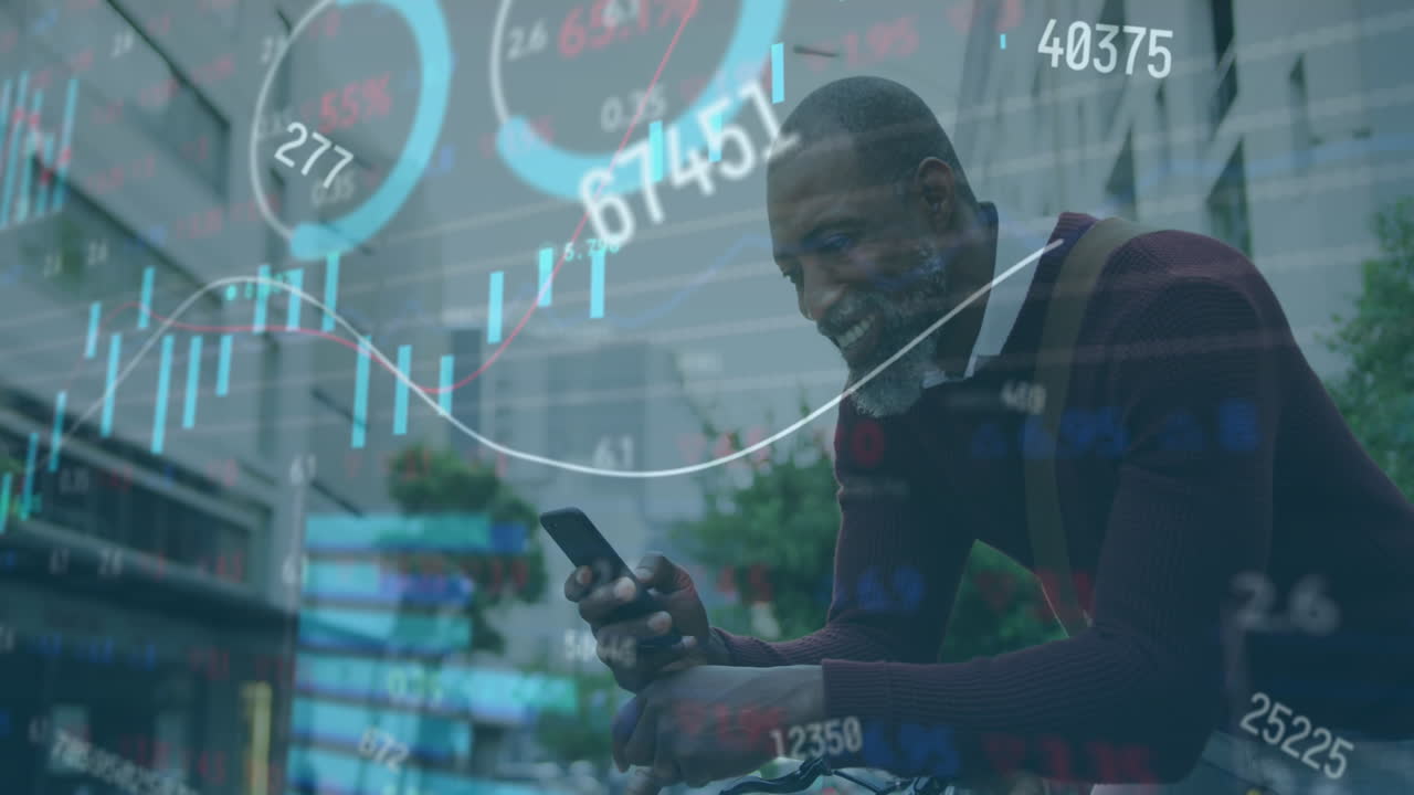 animazione dell'elaborazione dei dati su un uomo afroamericano che usa uno smartphone