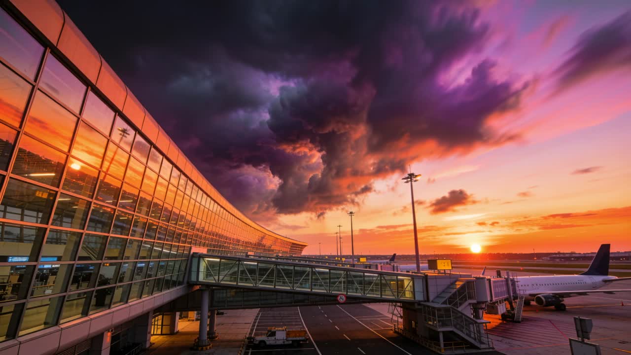 Lasinen lentokenttäterminaali ja matkustajasilta heijastavat myrskypilviä ja auringonlaskun värejä auringon laskiessa.
