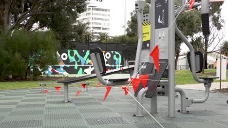 4k shot of roped of outdoor gym equipment during lockdown, melbourne, australia