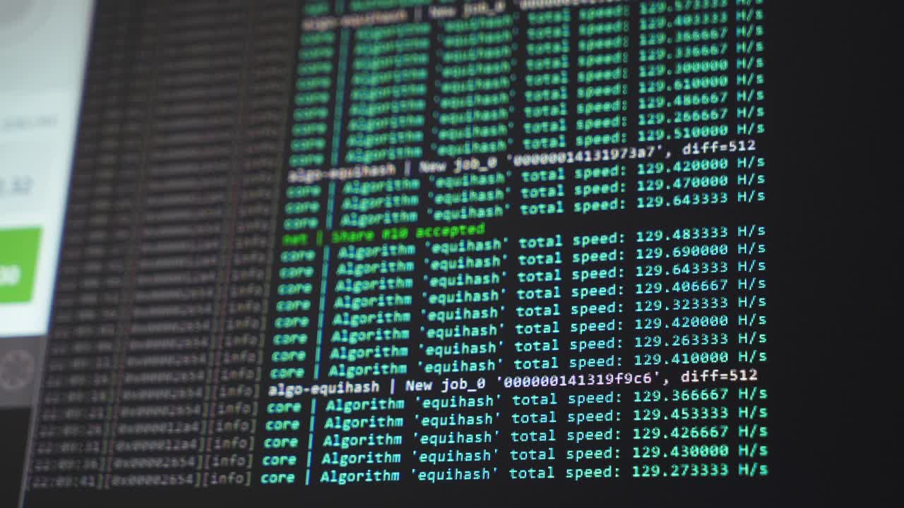 Screen with crypto code. Cryptocurrency. Green digitals. Mining Code